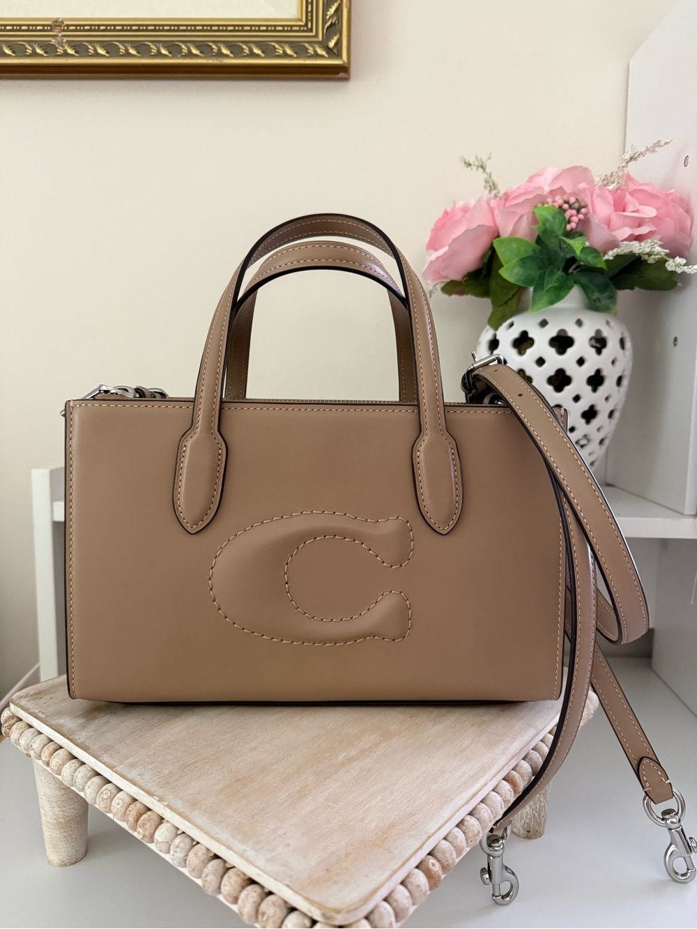 Coach Nina Leather Small Tote In Taupe With Crossbody Strap